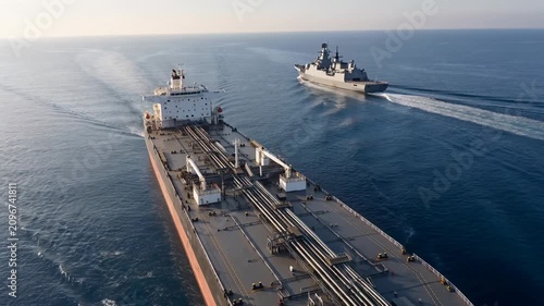 Aerial view of a warship escorting a large oil tanker across the open sea, naval vessel providing security to a crude carrier along a strategic maritime route