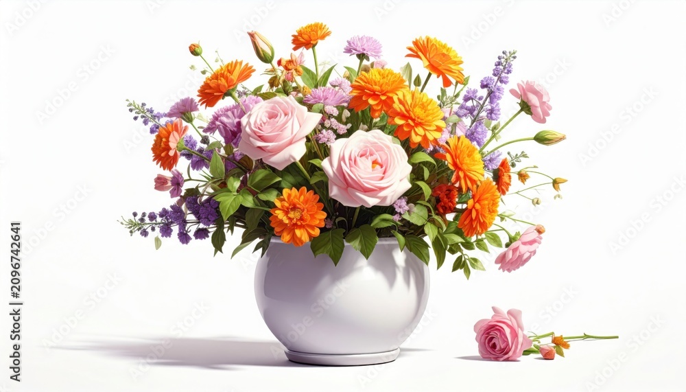 Fototapeta premium Bouquet of different flowers in metall bucket on white background