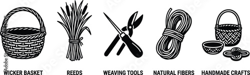 Quadro su tela Basket weaving and handmade crafts vector icon set featuring wicker baskets reed