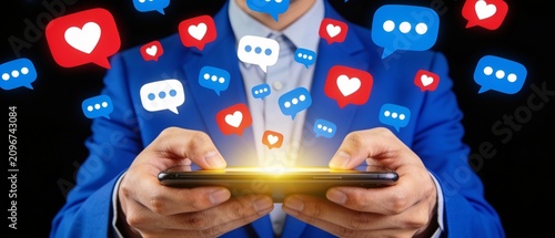 Businessman using tablet with floating social media like and chat bubbles for digital networking and communication
