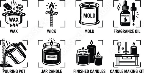 Photos Handmade candle making process vector icon set featuring wax melting wick mold fragrance oil jars and tools
