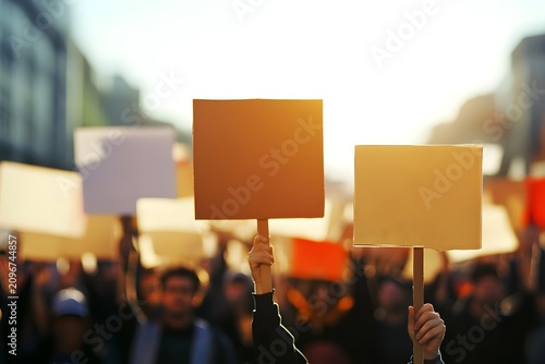 People holding blank signs at a protest with sunlight