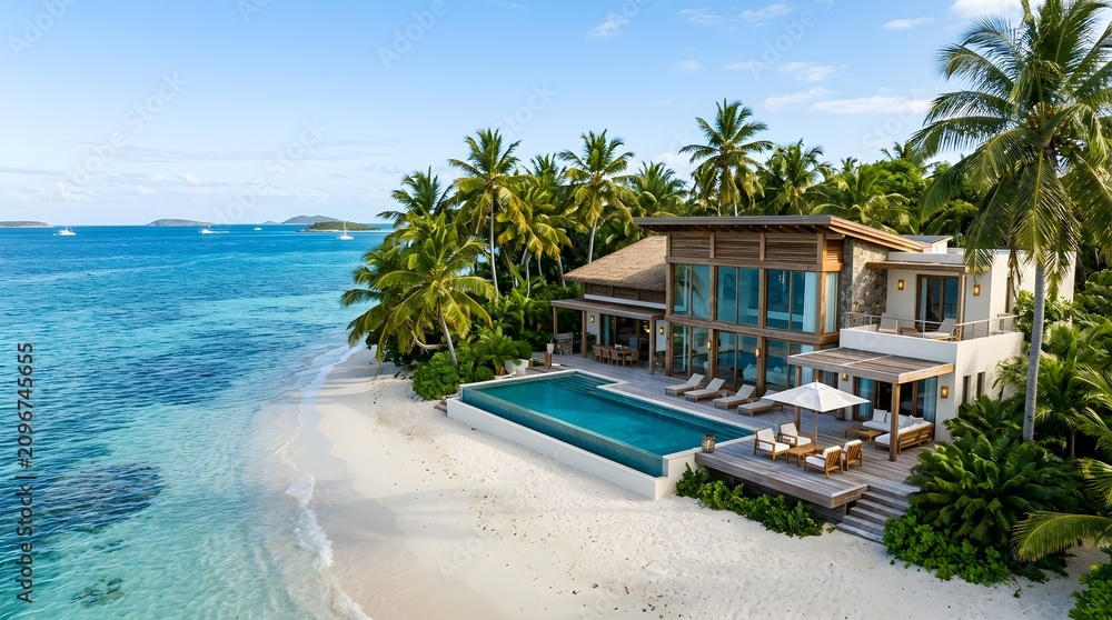 Fototapeta premium Luxury Beachfront Villa with Infinity Pool and Palm Trees in Tropical Paradise.