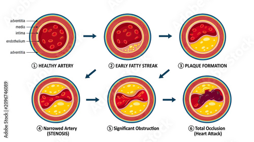 Bild auf Leinwand Atherosclerosis Progression: Artery Health Stages to Heart Attack
