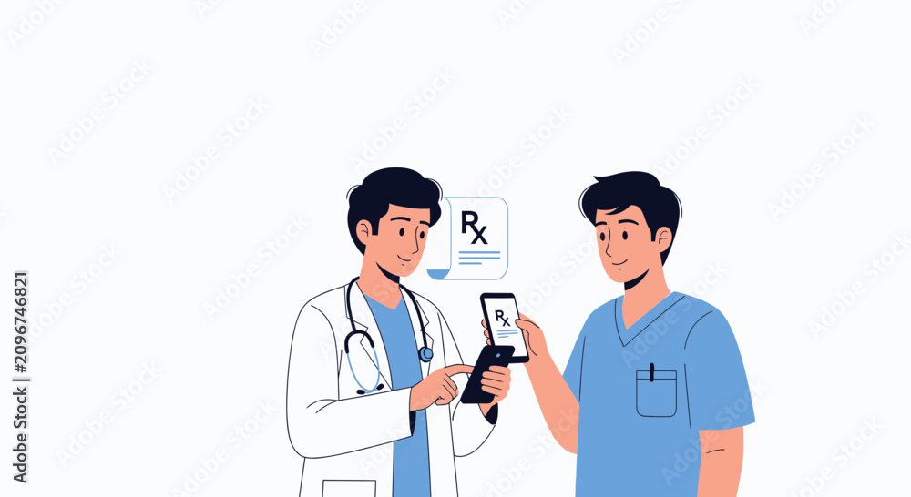 Fototapeta premium Doctor and Nurse Discussing Digital Prescription on Smartphone, Modern Healthcare Technology