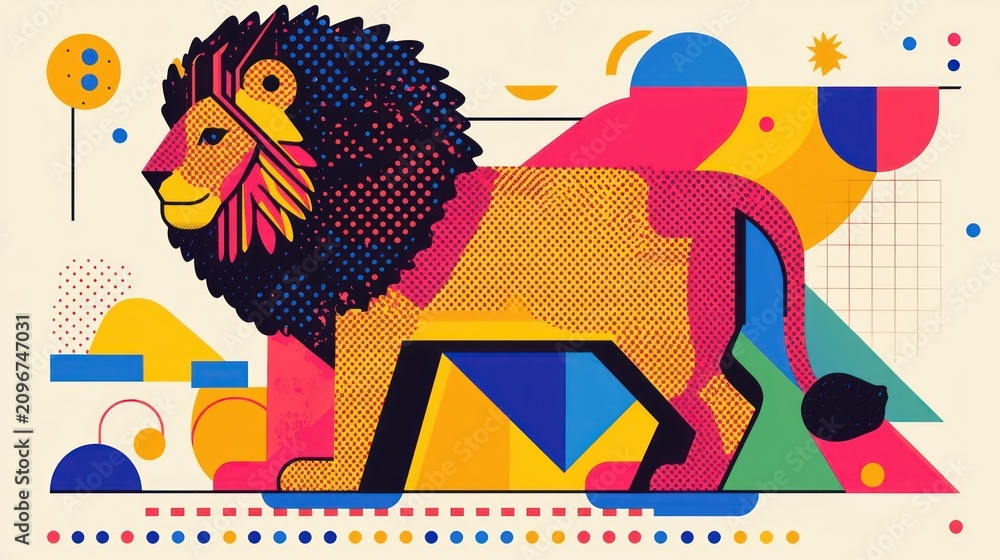 Fototapeta premium Abstract lion illustration, colorful geometric background, modern art style, print design, poster, website banner