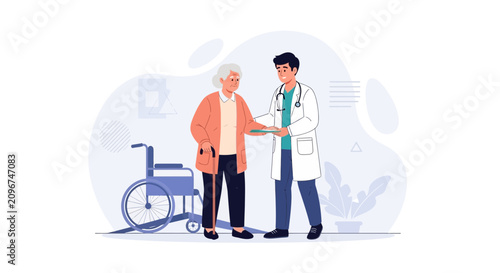 Doctor assists elderly woman with cane and wheelchair, promoting healthcare and medical support for seniors.