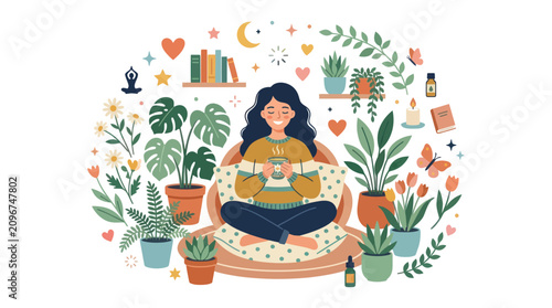 Woman drinking tea surrounded by lush indoor houseplants.