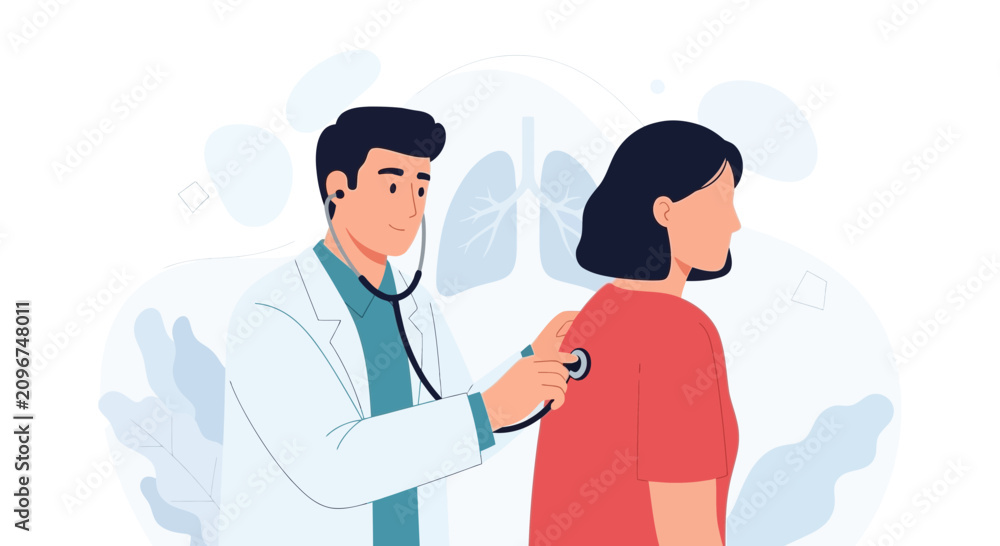 Fototapeta premium Doctor examining patient with stethoscope, lungs illustration in background - healthcare concept