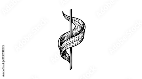 Abstract black and white engraving of wavy organic form around vertical axis