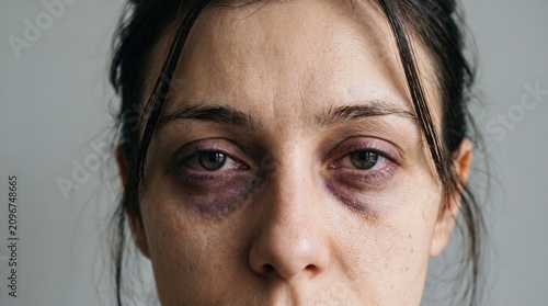 Front view of female face with severe bilateral periorbital ecchymosis or dark circles