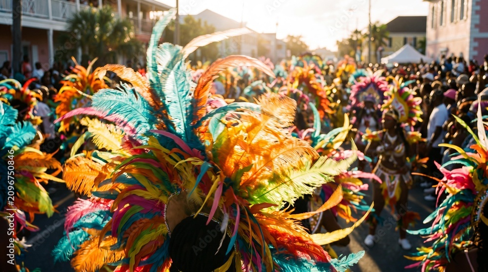 Obraz premium Vibrant Junkanoo festival dancers with colorful feather headdresses in Bahamas