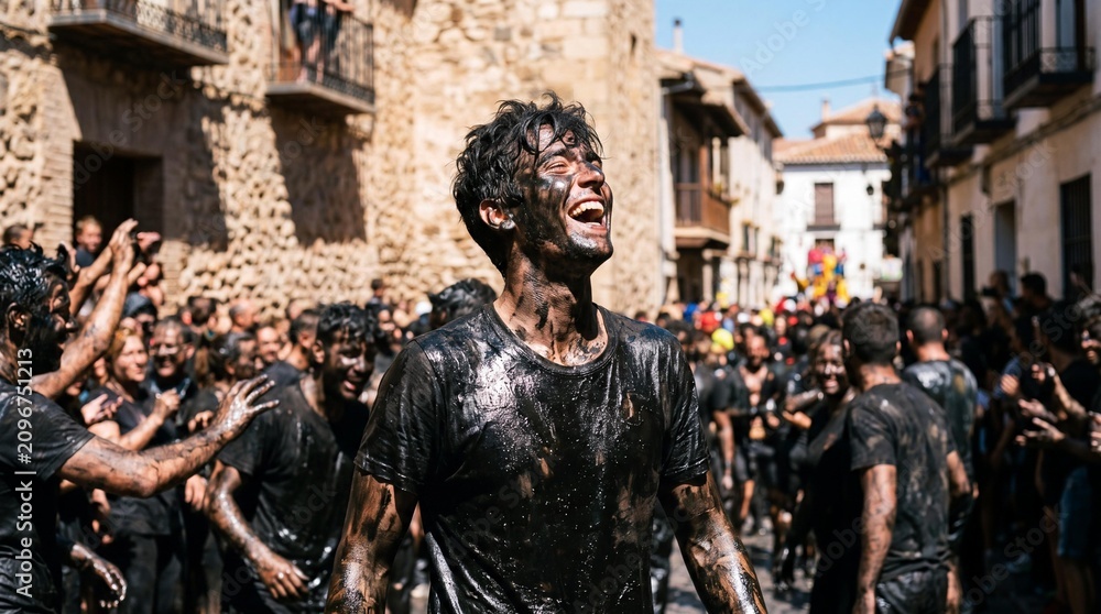 Naklejka premium Cascamorras Festival in Baza Spain with Blackened Man Laughing in Crowd