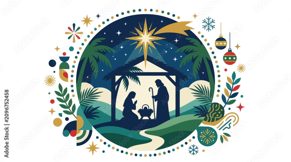Fototapeta premium Stylized colorful nativity scene in circular frame.