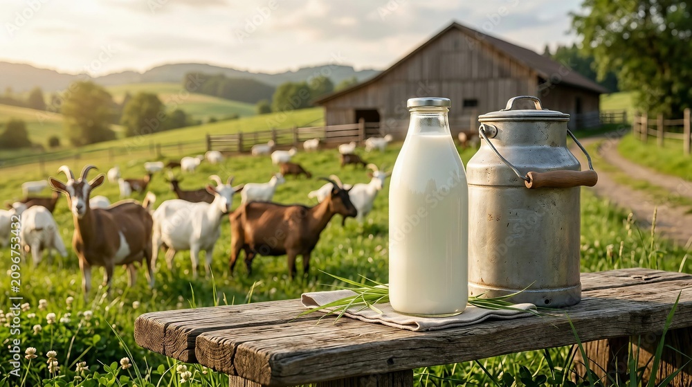 Obraz premium Fresh goat milk bottle and traditional metal can on wooden bench at rural farm