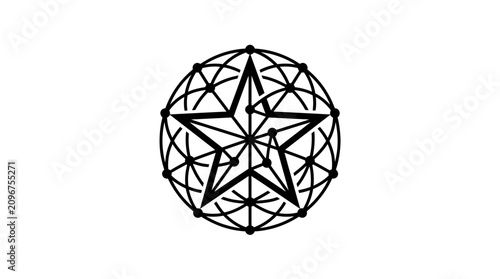 Abstract geometric star icon with circular grid and connectivity nodes