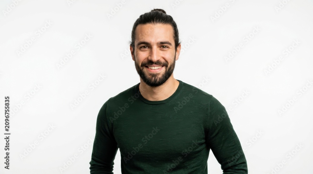 Fototapeta premium Happy young man with a beard and hair bun wearing a green sweater smiling at the camera on a plain white background