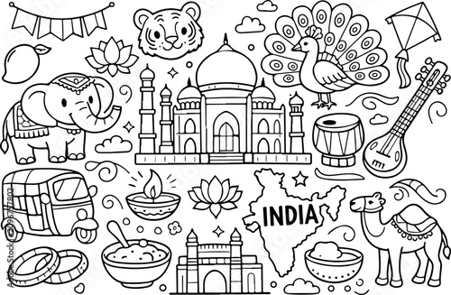 Indien, Wahrzeichen, Cartoon-Umrisse, handgezeichnete Linienkunst-Illustration, Doodle-Kunst-Malvorlage für Kinder