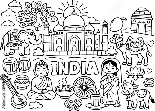 Indien, Wahrzeichen, Cartoon-Umrisse, handgezeichnete Linienkunst-Illustration, Doodle-Kunst-Malvorlage für Kinder