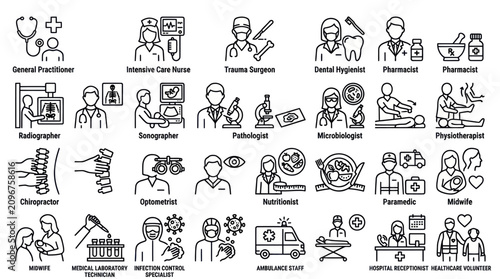 Medical professionals and hospital staff black line icon set.