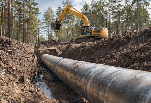 Excavator installs underground pipeline inside wide trench during infrastructure construction, showcasing heavy machinery, engineering, utility installation, earthmoving, excavation, transportation.