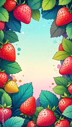 A colorful illustration of strawberries and leaves on a pastel background
