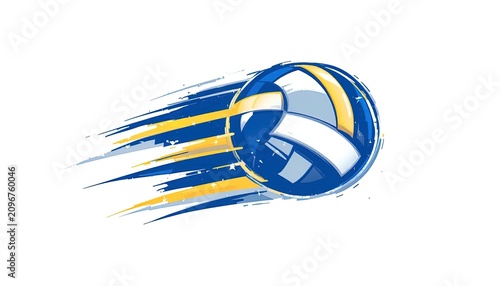 A dynamic illustration of a volleyball in motion with blue and yellow streaks.