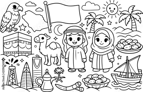 Königreich Saudi-Arabien, KSA: Umrisse von Wahrzeichen als handgezeichnete Linienkunst-Illustration – Malvorlage für Kinder