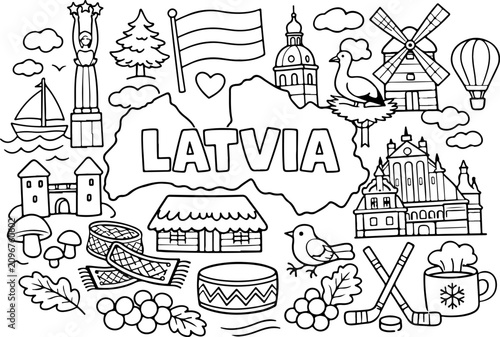 Lettland, Sehenswürdigkeiten, Cartoon-Umrisse, handgezeichnete Linienkunst-Illustration, Doodle-Kunst-Malvorlage für Kinder