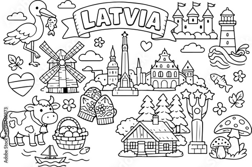 Lettland, Sehenswürdigkeiten, Cartoon-Umrisse, handgezeichnete Linienkunst-Illustration, Doodle-Kunst-Malvorlage für Kinder