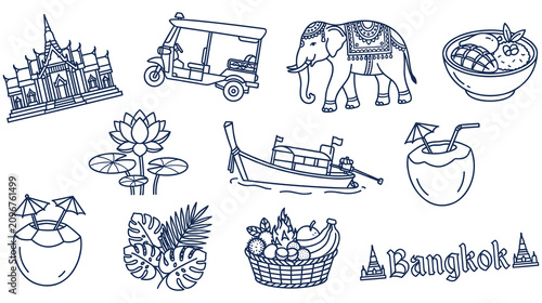 Bangkok thailand travel symbols vector icons tuk tuk elephant.