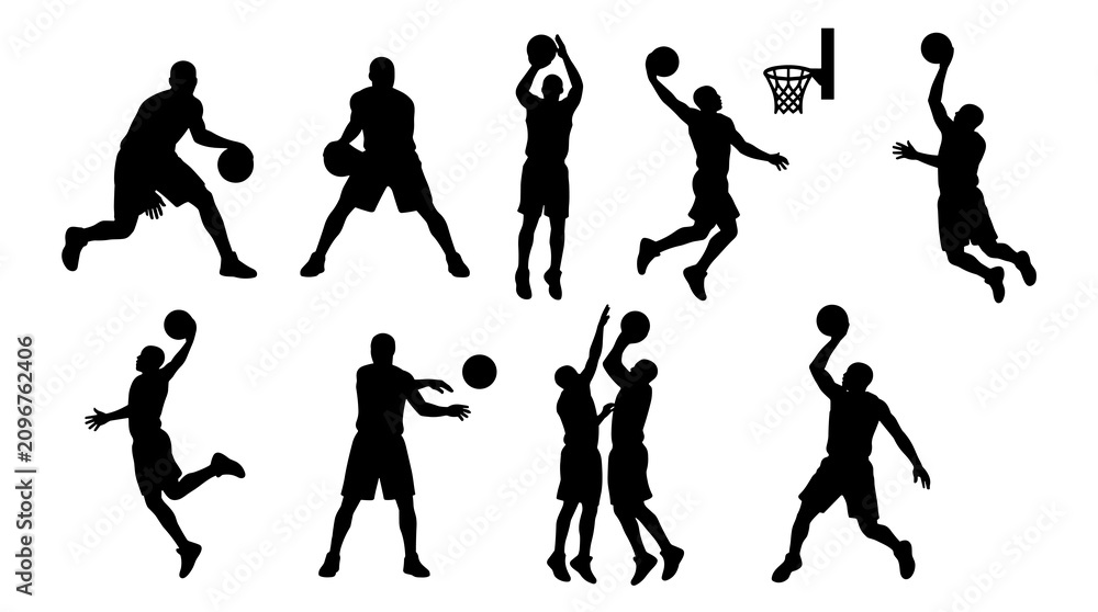 Obraz premium Collection of black basketball player silhouettes in various dynamic poses, dribbling, shooting, jumping, and blocking on a clean white background
