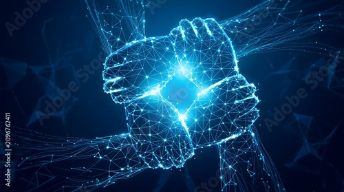 Abstract digital network featuring interconnected human hands symbolizing global collaboration with illuminated glowing nodes against dark background