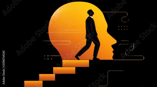 Ascending to Success: A silhouette of a businessman walks up stairs within the outline of a giant head, symbolizing growth, learning, and the journey of personal development.