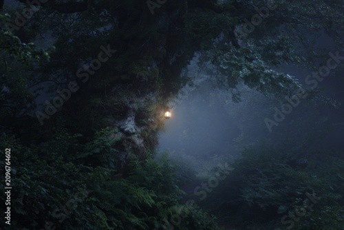 Ancient forest scene with a wise tree face and lantern light for mystical background and atmospheric storytelling banner