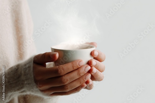 Warm hands cupping a steaming ceramic cup conveying nurturing comfort and morning ritual in a minimal scene for wellness background