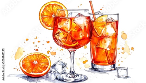 A colorful illustration of two glasses of iced orange drink