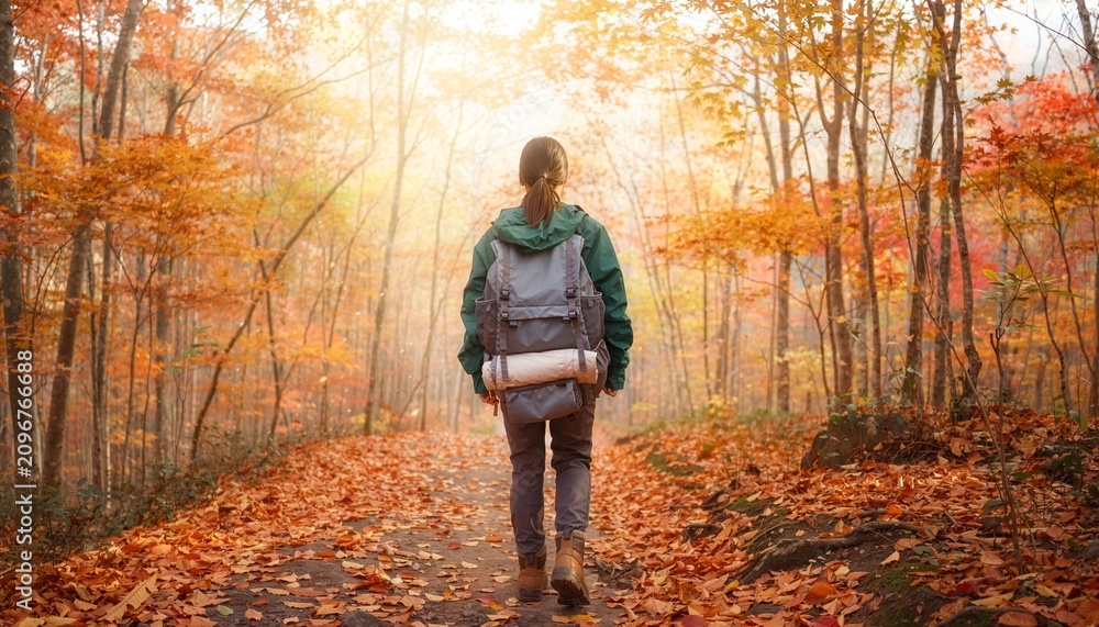 Fototapeta premium Rear view of a person hiking through autumn forest with colorful leaves.