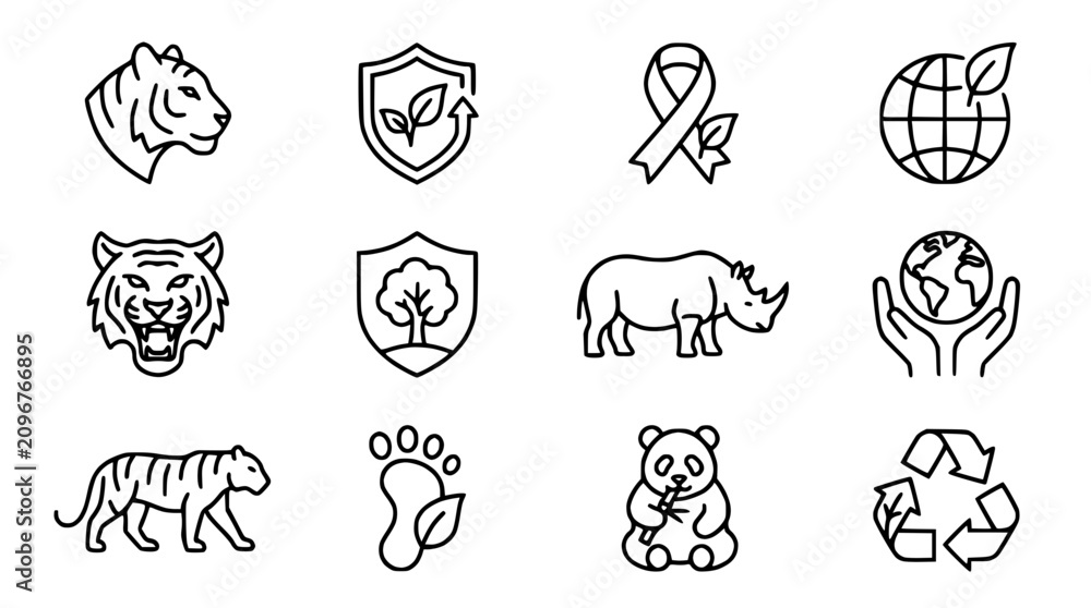 Fototapeta premium Wildlife Conservation Icons: Tiger, Rhino, Panda, Earth, Shield, Footprint, Recycle