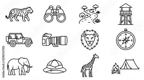 Photography Safari Adventure Icons: Lion, Tiger, Elephant, Giraffe, Jeep, Camera, Binoculars