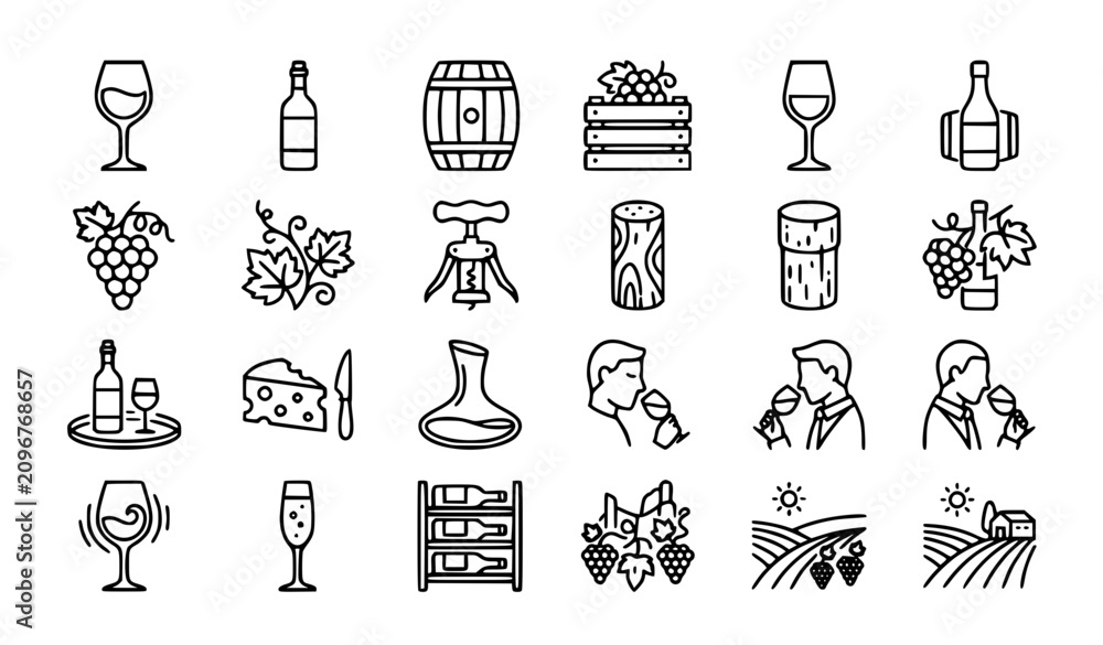 Obraz premium Wine Making and Sommelier Tasting Line Icon Set with Vineyard Winery Symbols for Restaurant Menus, Alcohol E-commerce Stores, and Beverage Infographic Layouts
