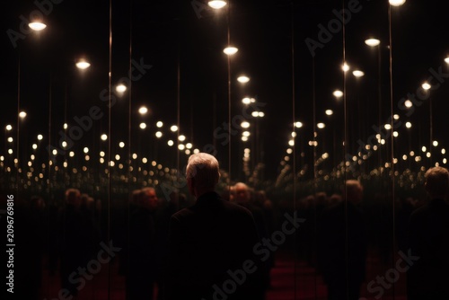 Man in a reflective hall of mirrors with repeating lights for dramatic symmetry background and surreal exhibition imagery