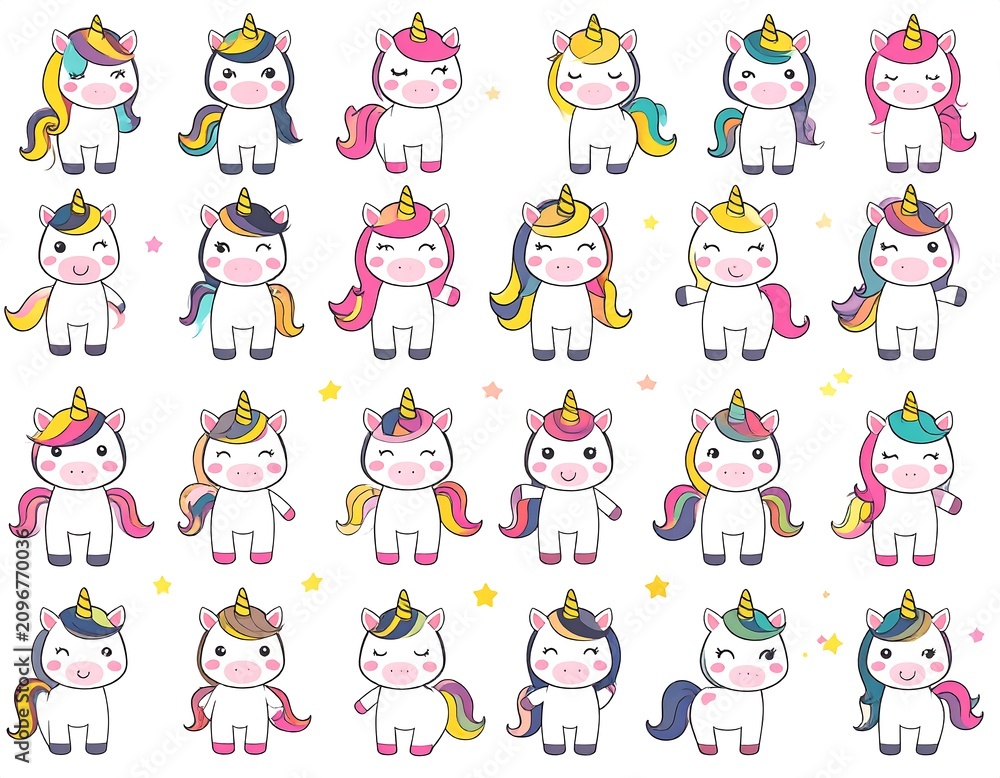 Fototapeta premium A colorful illustration of 20 cartoon unicorns with various manes