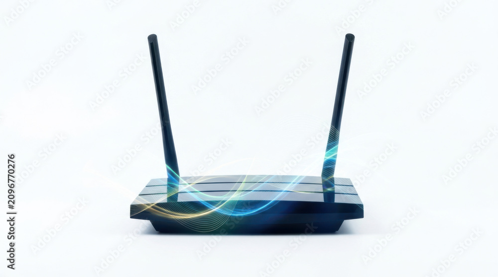 Fototapeta premium Wireless router with two antennas and glowing data waves on white background, symbolizing fast internet connection
