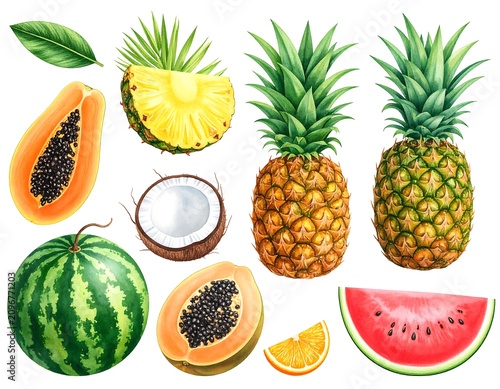 A colorful illustration of various fruits, including pineapples, papayas, and citrus slices