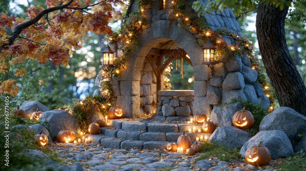 Obraz premium Enchanted Historic Stone Garden with Lanterns, Pumpkins, and Autumn Leaves in a Magical Setting