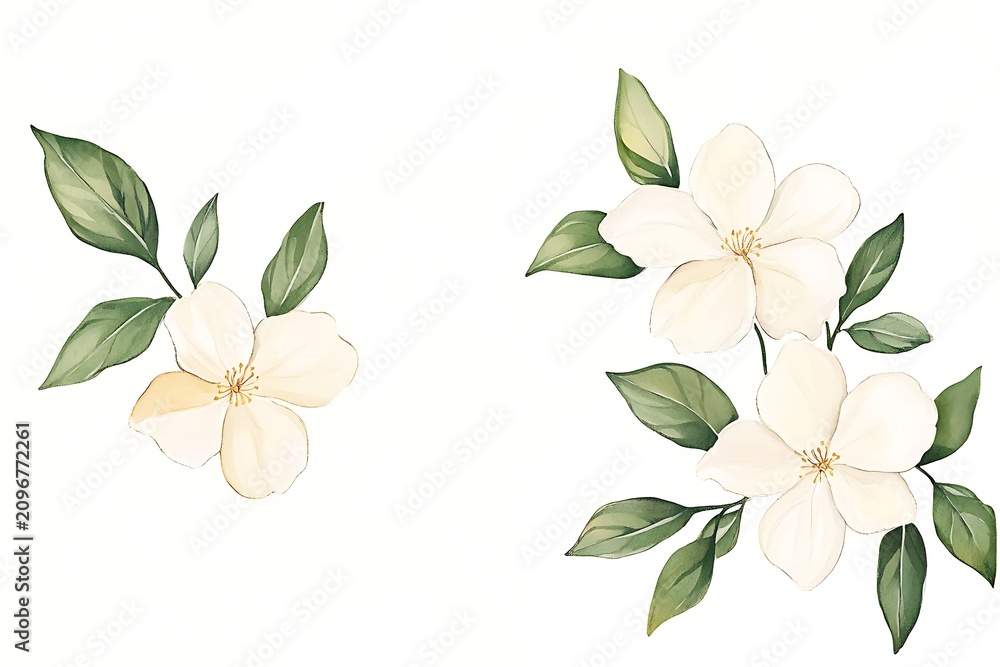 Obraz premium Delicate white flowers with green leaves