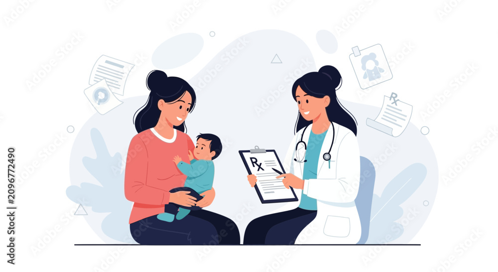 Naklejka premium Pediatrician Consults Mother Holding Baby, Doctor Writes Prescription RX on Clipboard