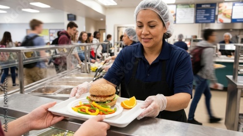 Friendly cafeteria worker serving a hot burger and fries meal on a tray to a customer in a busy school lunch canteen