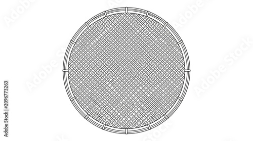 Traditional Circular Woven Rattan Mesh Basket Texture Line Art